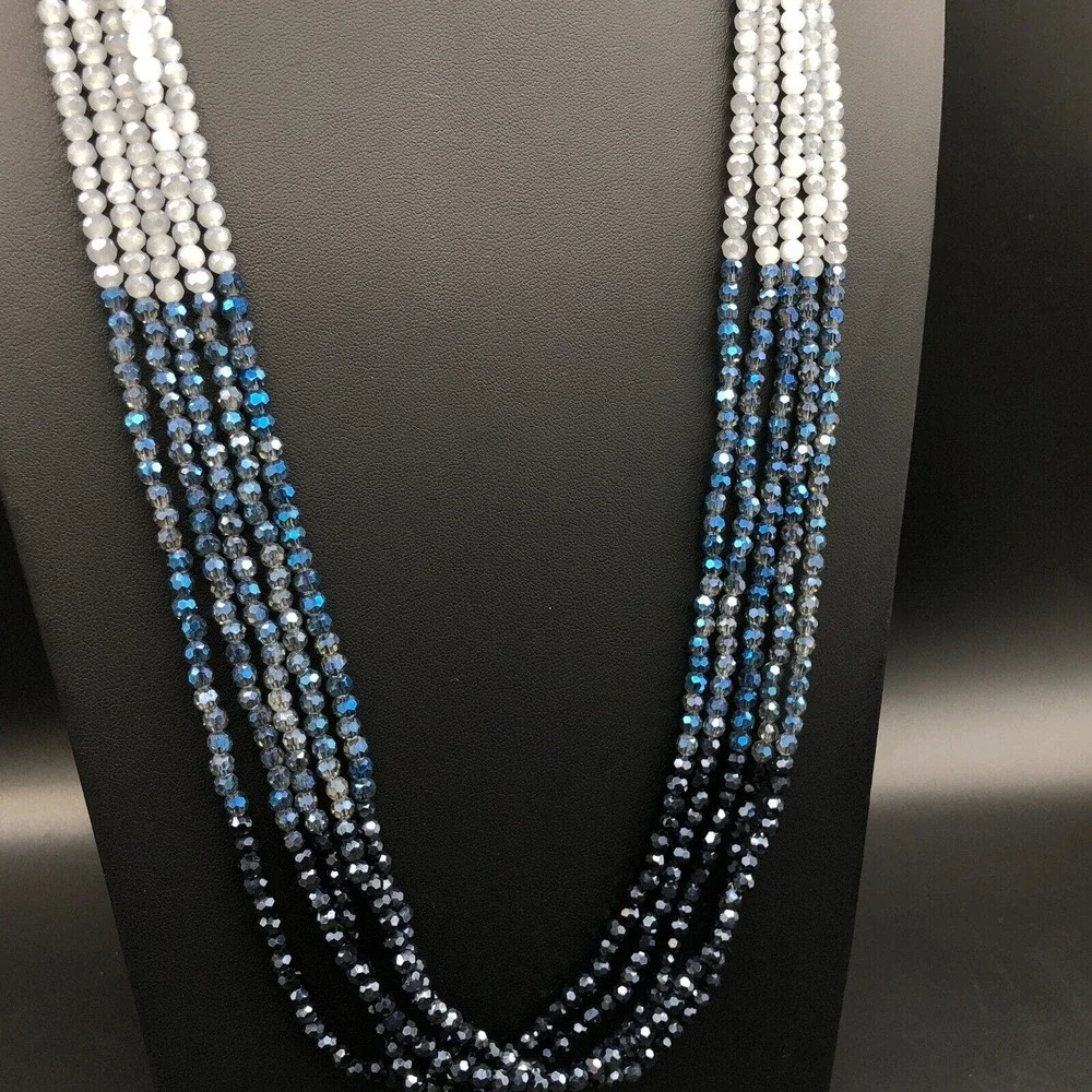Glass Multi Strand Necklace Long Ombre Blue AB Faceted Bead Boho Gold Tone Chain